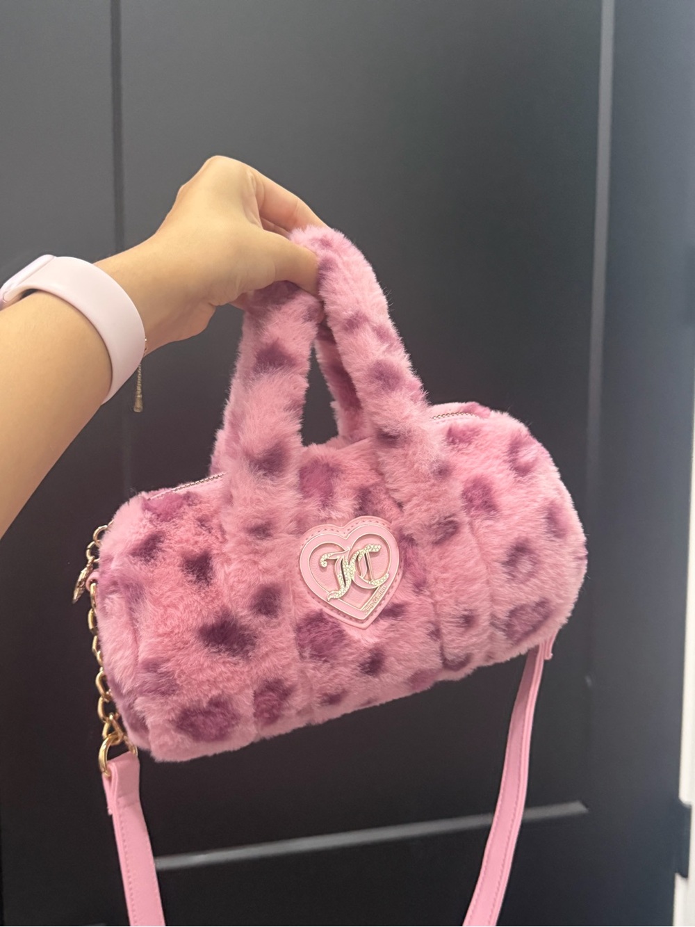 Juicy couture pink fuzzy cheetah print barrel bag